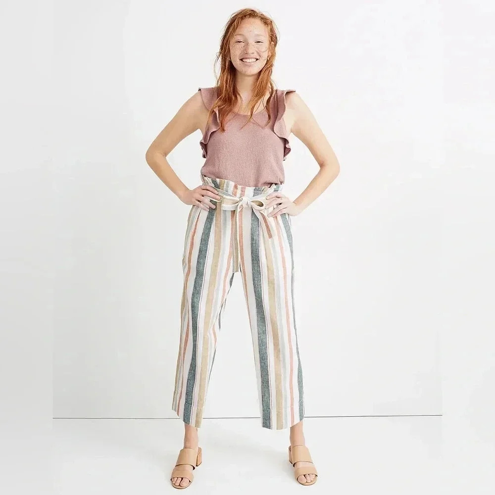 Madewell Tie-Waist Huston Pull-On Crop Pants in Stripe, Size Large